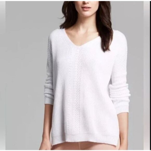 Vince Womens Small Ribbed Knit Directional V Neck Cotton Pullover Sweater White - Picture 2 of 12